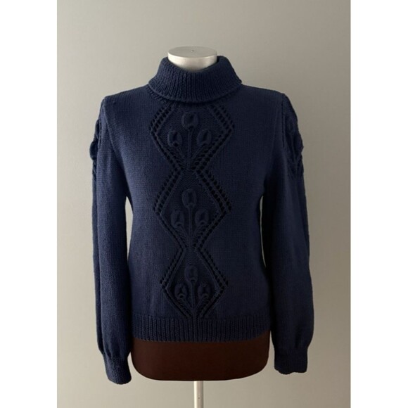 Vintage Mark Shale Sweater Size Medium Blue Wool Turtleneck Hand Knitted Tulips - Picture 1 of 11